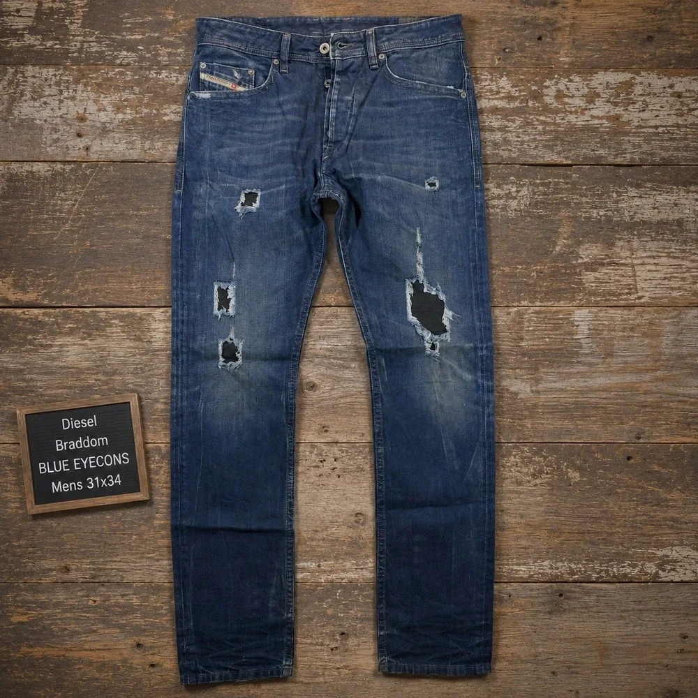 Diesel Braddom Blue Eyecons 2011/2 Distressed Repaired Jeans Mens 31x34 Italy